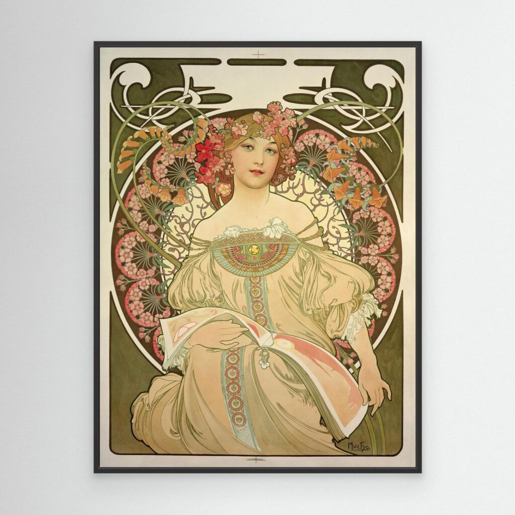 Alphonse Mucha Daydream canvas art print in a floating frame.